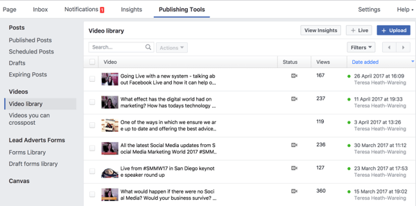 Visai Facebook video bibliotēkai varat piekļūt sadaļā Publishing Tools.