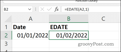 EDATE formulas rezultāts programmā Excel