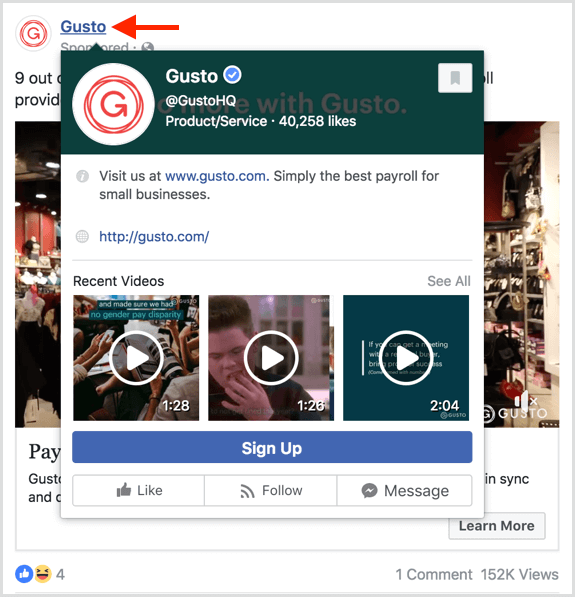 Lietotāji redz priekšskatījumu, kad viņi Facebook reklāmās novieto kursoru virs lapas.