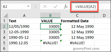 Funkcija VALUE programmā Excel