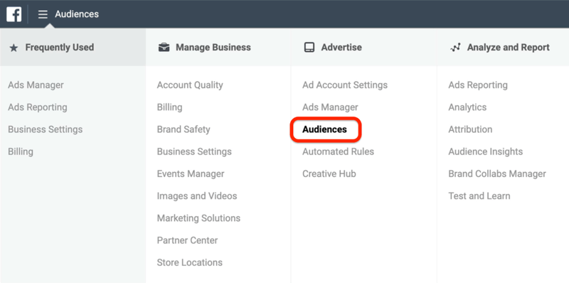 Opcijas Auditorijas ekrānuzņēmums Facebook Ads Manager izvēlnē ir apvilkts sarkanā krāsā