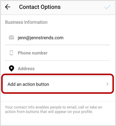 Pievienojiet opciju Darbības poga Instagram kontaktu opciju ekrānā