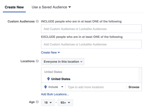 Izmantojot Facebook Messenger sākuma ekrāna reklāmu, varat atlasīt jaunu auditoriju vai iepriekš saglabātu vai līdzīgu auditoriju.