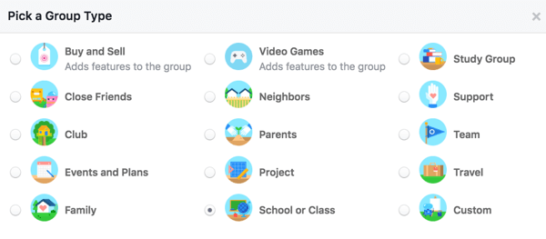 Izvēlieties grupas veidu, lai lietotāji uzzinātu vairāk par jūsu grupu.