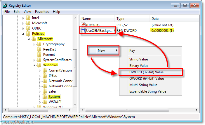 pārlūkojiet Windows 7 reģistra atslēgu HKEY_LOCAL_MACHINESOFTWAREPoliciesMicrosoftWindowsSystem