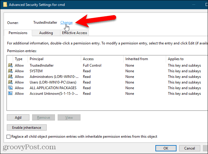 Noklikšķiniet uz saites Mainīt Windows reģistra atslēgas īpašniekam
