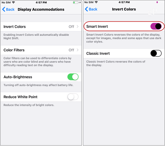 iOS tumšā režīma iestatījumos tiek mainītas krāsas