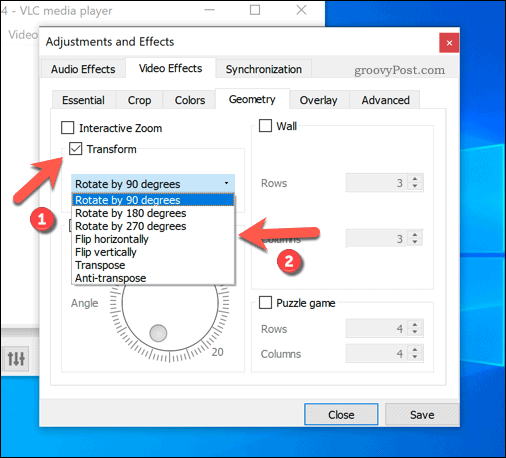 Iepriekš iestatītu rotāciju iestatīšana VLC sistēmā Windows