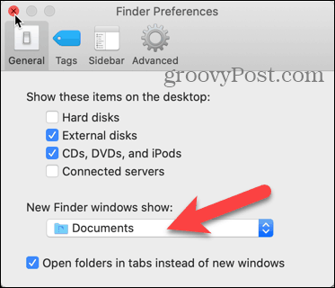 Mac datora Finder Preferences noklikšķiniet uz nolaižamā saraksta New Finder logi