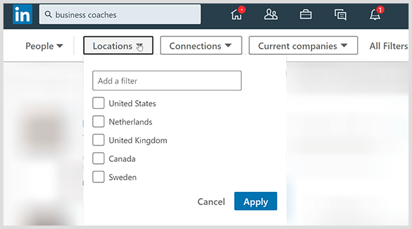 LinkedIn meklēšanas rezultātu lapā ir atrašanās vietas savienojumu un uzņēmuma filtri.