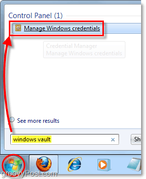piekļūstiet Windows glabātuvei no izvēlnes Sākt meklēšanu Windows 7