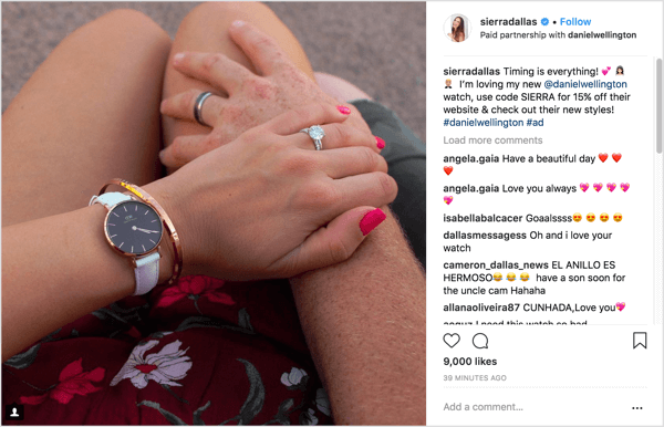 Instagram influencer mārketinga kampaņas ziņas piemērs ar unikālu atlaižu kodu