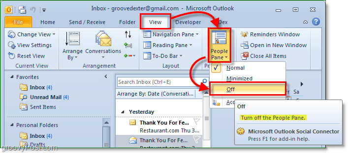 kā izslēgt cilvēku rūti Microsoft Office Outlook 2010
