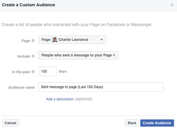Atlasiet opciju, lai izveidotu to cilvēku auditoriju, kuri ir nosūtījuši ziņojumu uz jūsu Facebook lapu.
