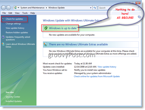 Windows atjaunināšanas izvēlne operētājsistēmai Windows Vista