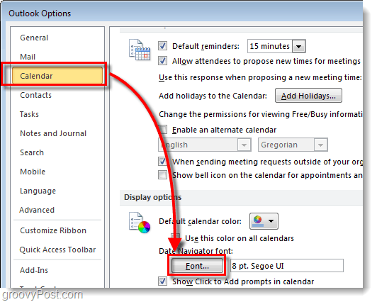 Padomi, kā nomainīt Outlook 2010 kalendāra datuma navigatora fontu