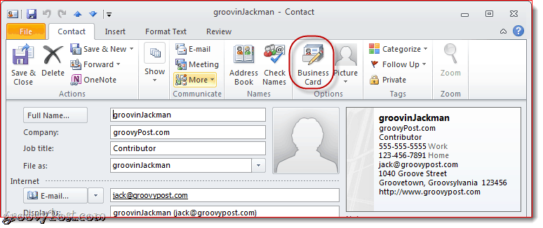 Rediģēt vizītkarti programmā Outlook 2010