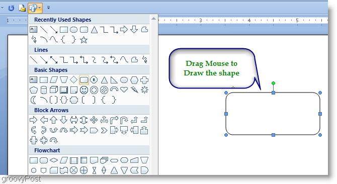 Microsoft Word 2007 Uzzīmējiet formu, velkot peli