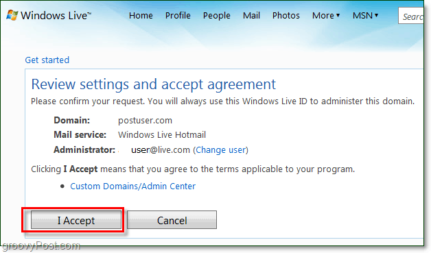 pārskatiet un apstipriniet Windows Live domēna e-pasta nosacījumu līgumu