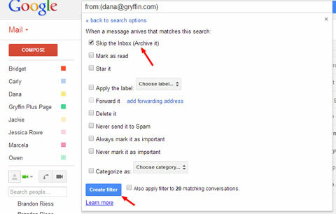gmail filtra etiķete