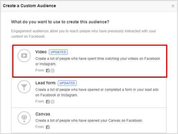 Atlasiet opciju Video piesaiste savai Facebook pielāgotajai auditorijai.