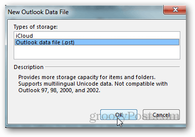 kā izveidot pst failu perspektīvai 2013 - noklikšķiniet uz Outlook datu fails