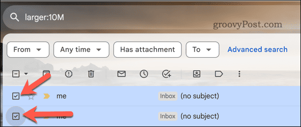 Meklēšanas rezultātos atlasiet Gmail e-pasta ziņojumus