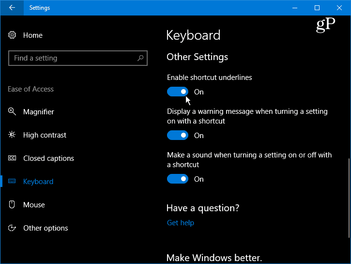 Padariet Windows 10 pasvītrojumu un izcelšanas izvēlnes saīsnes taustiņus