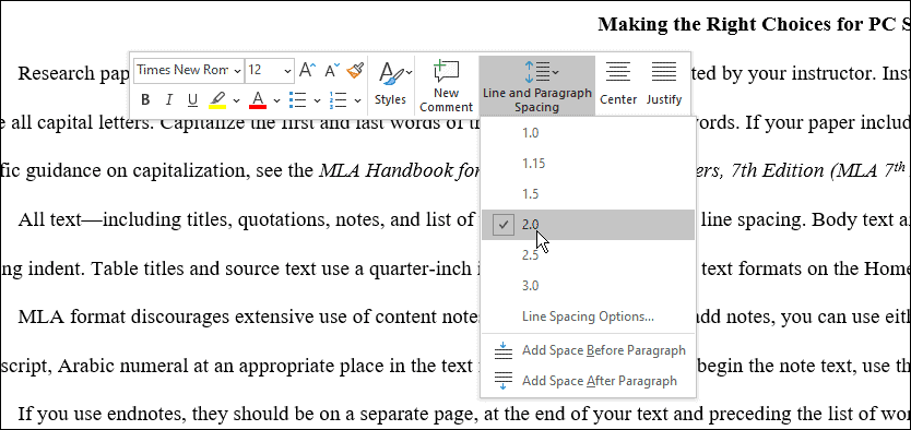 atstarpes izmantojiet mla formātu programmā Microsoft Word