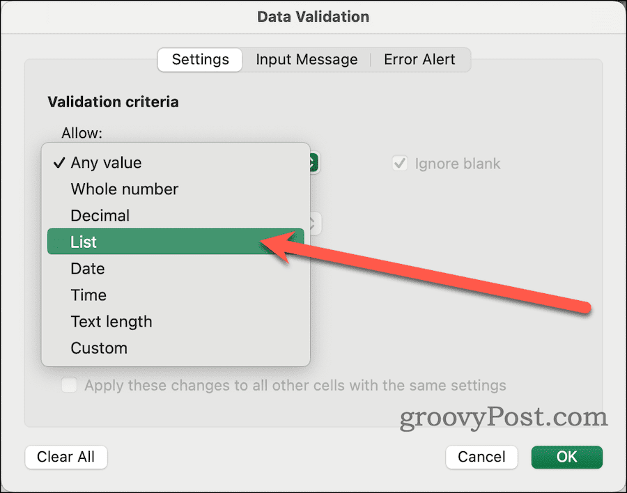 Programmas Excel datu validācijas dialoglodziņā izvēlieties Saraksts