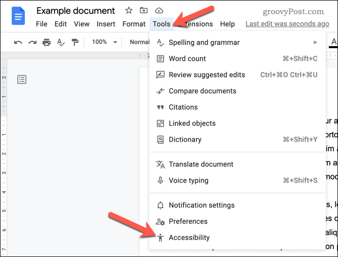 Atveriet Google dokumentu pieejamības izvēlni
