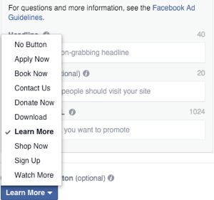 facebook karuseļa reklāmas attēla aicinājuma uz darbību pogas izvēle