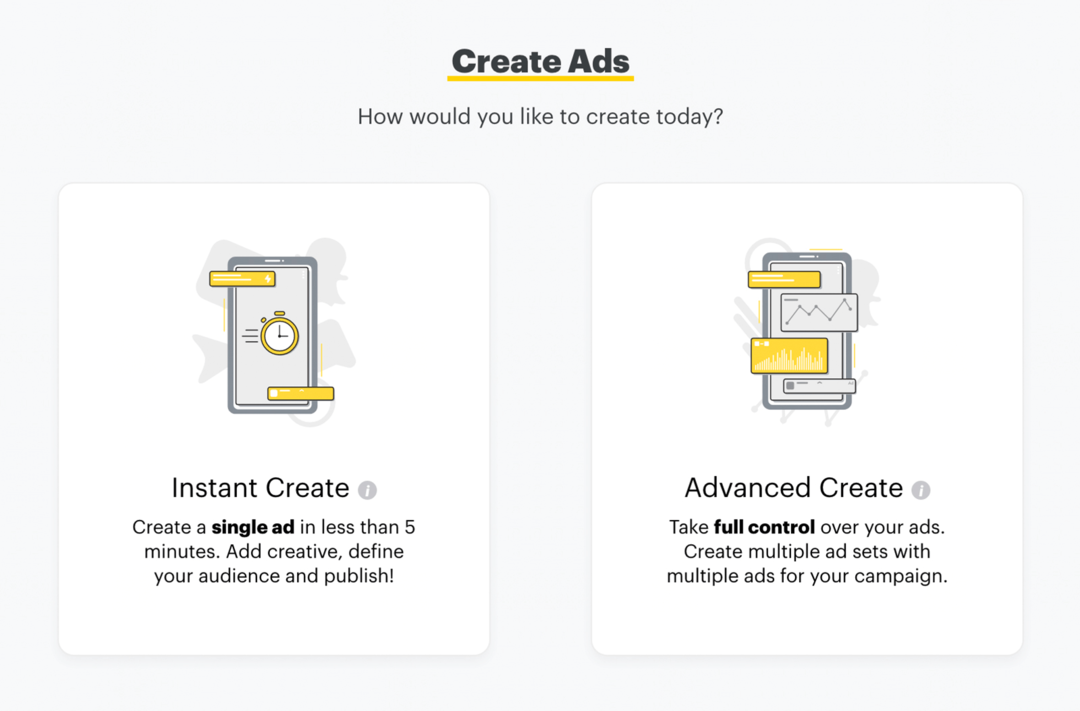 iestatiet Snapchat reklāmas, izmantojot Instant Create vai Advanced Create