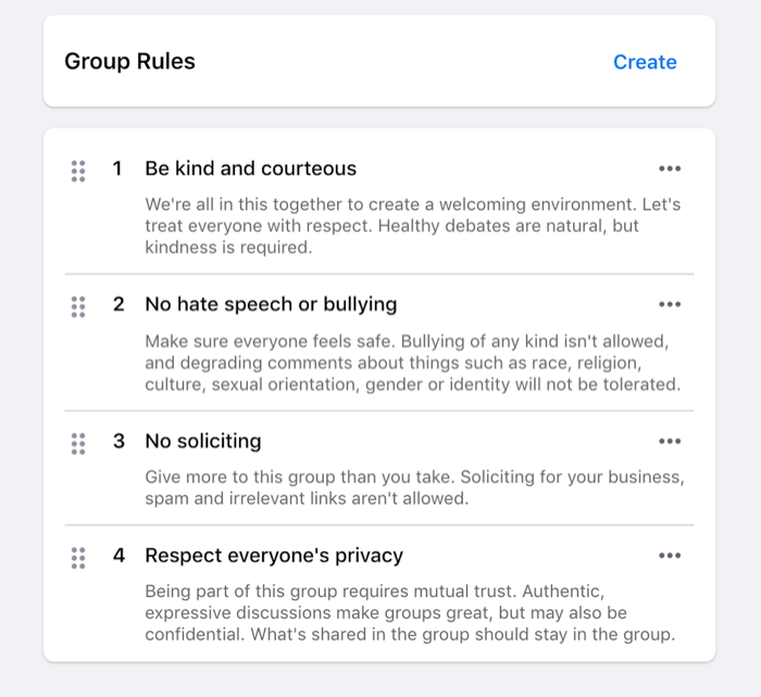 tādu noteikumu piemērs, kas noteikti facebook grupai, piemēram, esiet laipns, naidīgu runu, bez aicinājumiem utt.