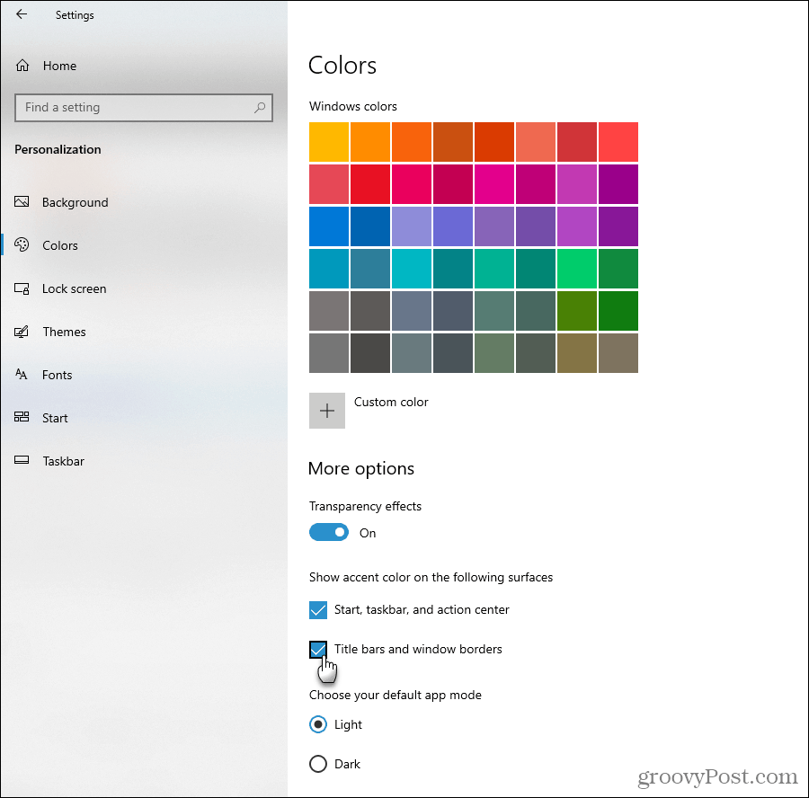 Rādīt akcentu krāsu opcijas operētājsistēmā Windows 10