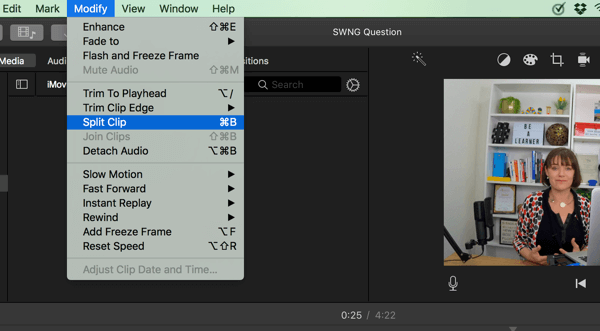 Programmā iMovie sadaliet videoklipu segmentos, atlasot Modificēt> Sadalīt klipu.
