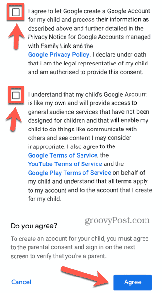 Gmail bērna konta izvēles rūtiņas