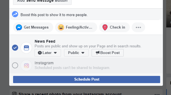 Kā pāriet uz Instagram no Facebook uz darbvirsmas, piemēram, opcija cross-post to Instagram vairs nav pieejama, ieplānojot Facebook ziņu