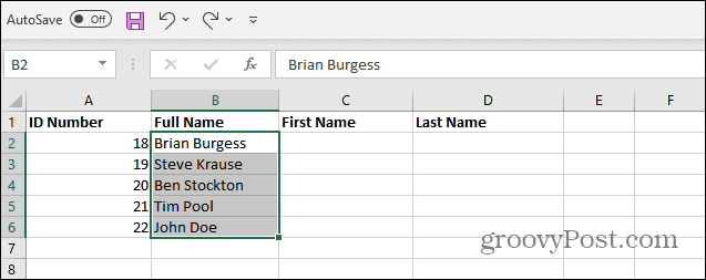 Excel sarakstā atlasiet Vārdi