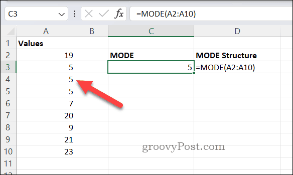 MODE formulas rezultāts programmā Excel