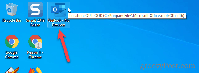 Saīsne, lai sāktu programmu Outlook, izslēdzot lasīšanas rūti