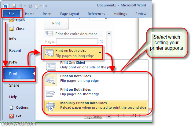Micosoft Word 2010 Ekrānuzņēmums pielāgojiet drukas iestatījumus, lai drukātu no abām pusēm