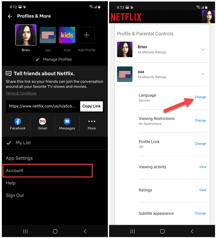 Netflix Android lietotnes konts