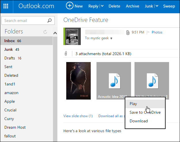 Saglabājiet Outlook.com pielikumus OneDrive ar vienu klikšķi