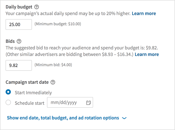 Atlasiet dienas budžetu, ievadiet cenu un izvēlieties savas kampaņas sākuma datumus.