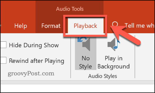 Audio atskaņošanas izvēlne pakalpojumā PowerPoint