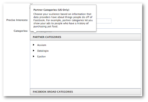 facebook plašo partneru kategorijas