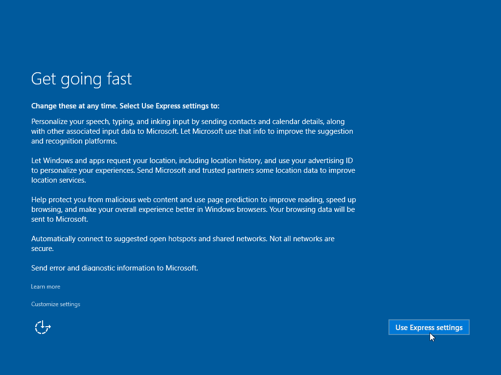 13 Express iestatījumu izmantošana Windows 10 tīrā instalēšana