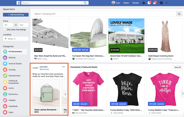 Pages var rādīt reklāmas arī Facebook Marketplace.
