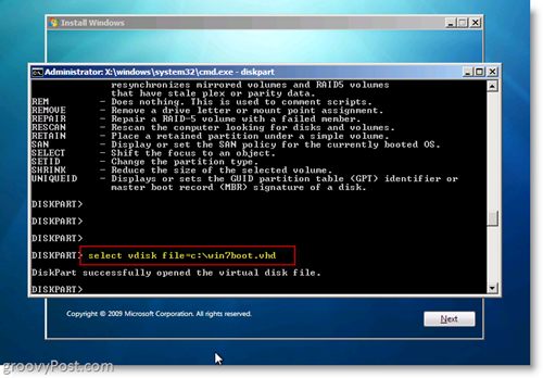Windows 7 Native VHD instalēšana Dual Boot Select VHD no CMD Prompt